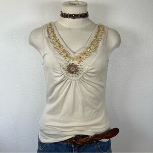George Cream Embellished V-Neck Tank Top